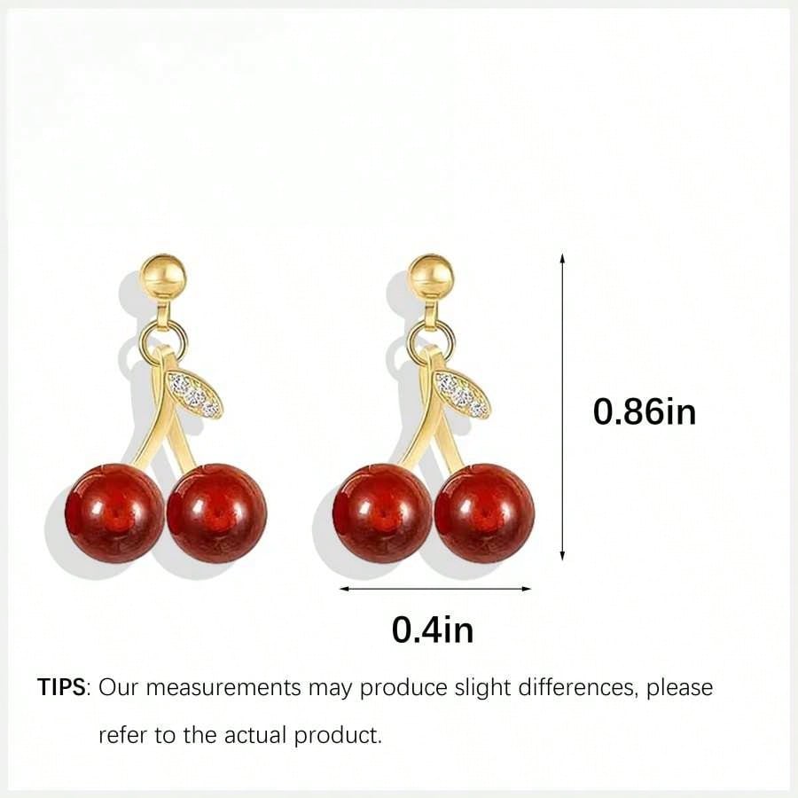 Dainty Gold Tone Double Cherry Drop Earrings: Adorable And Playful Earrings Featuring Two Realistic Red Cherry Charms With Subtle Green Leaf Accents And Sparkling Crystal Details, Crafted With A High-Quality Gold Tone Finish For A Touch Of Elegance, Light