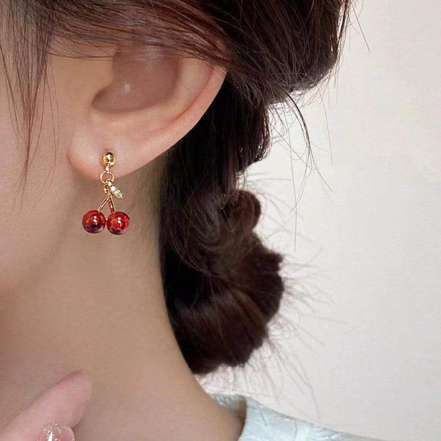 Dainty Gold Tone Double Cherry Drop Earrings: Adorable And Playful Earrings Featuring Two Realistic Red Cherry Charms With Subtle Green Leaf Accents And Sparkling Crystal Details, Crafted With A High-Quality Gold Tone Finish For A Touch Of Elegance, Light