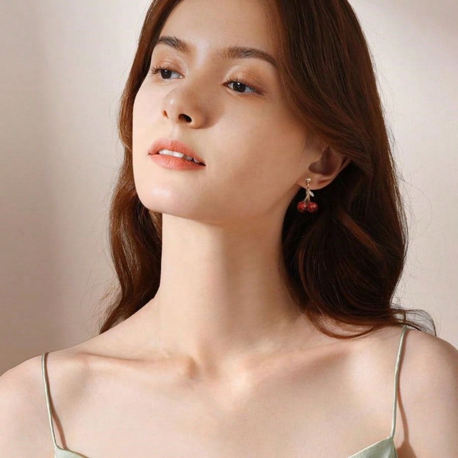 Dainty Gold Tone Double Cherry Drop Earrings: Adorable And Playful Earrings Featuring Two Realistic Red Cherry Charms With Subtle Green Leaf Accents And Sparkling Crystal Details, Crafted With A High-Quality Gold Tone Finish For A Touch Of Elegance, Light