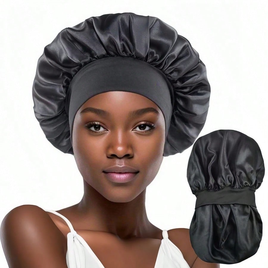 1pc Double Layer Satin Bonnet With Tie Silk Lined Sleep Cap Hair Cover For Women's Night Sleep CapCurly Natural Hair
