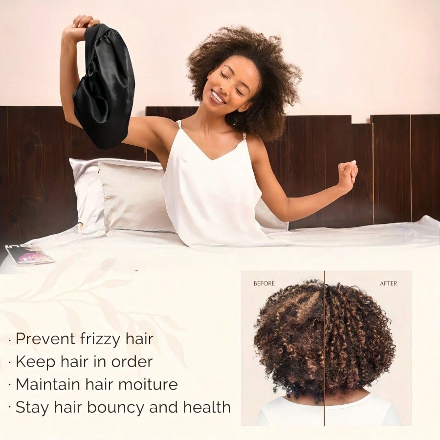 1pc Double Layer Satin Bonnet With Tie Silk Lined Sleep Cap Hair Cover For Women's Night Sleep CapCurly Natural Hair