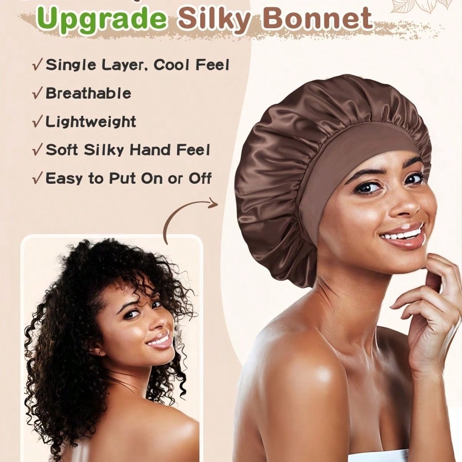 1pc Double Layer Satin Bonnet With Tie Silk Lined Sleep Cap Hair Cover For Women's Night Sleep CapCurly Natural Hair