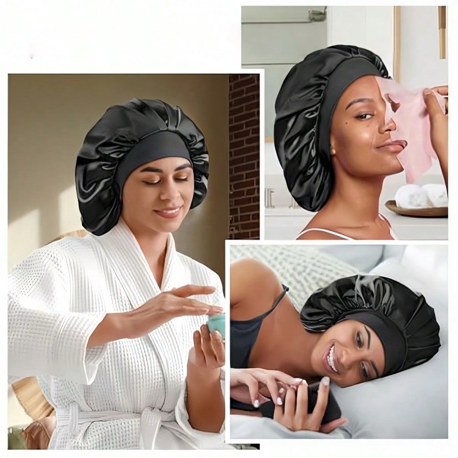 1pc Double Layer Satin Bonnet With Tie Silk Lined Sleep Cap Hair Cover For Women's Night Sleep CapCurly Natural Hair