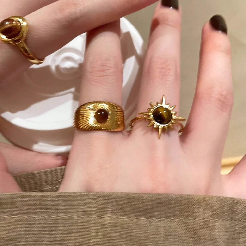 3-Piece Retro Luxury Bohemian Ring, Made Of Gold Tiger Eye Stone Material And Designed With A Vintage Feel. The Fashionable And Luxurious Details Are Prominent, And The Adjustable Ring Mouth Can Be Adapted To Different Finger Circumferences. It Can Be Sta