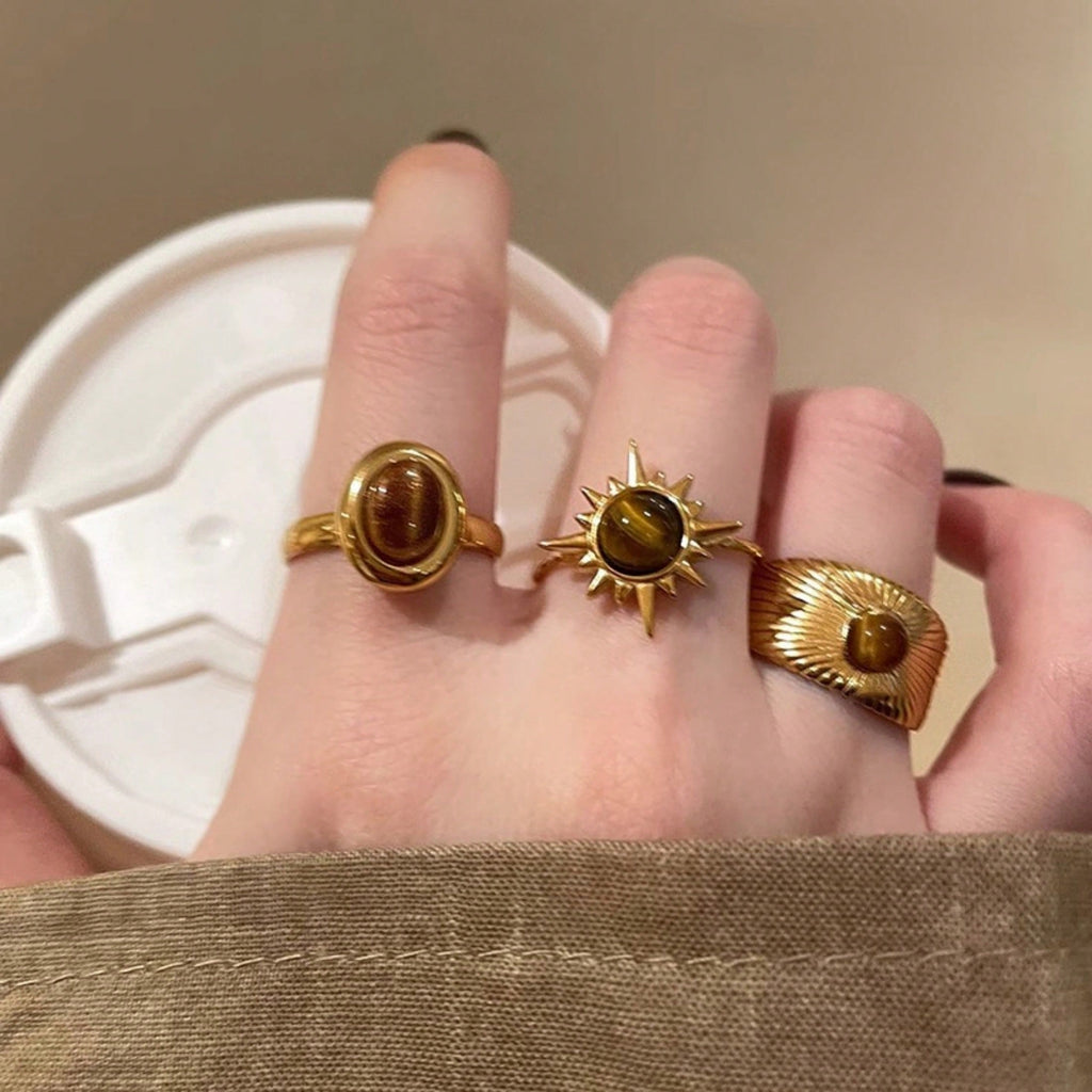 3-Piece Retro Luxury Bohemian Ring, Made Of Gold Tiger Eye Stone Material And Designed With A Vintage Feel. The Fashionable And Luxurious Details Are Prominent, And The Adjustable Ring Mouth Can Be Adapted To Different Finger Circumferences. It Can Be Sta