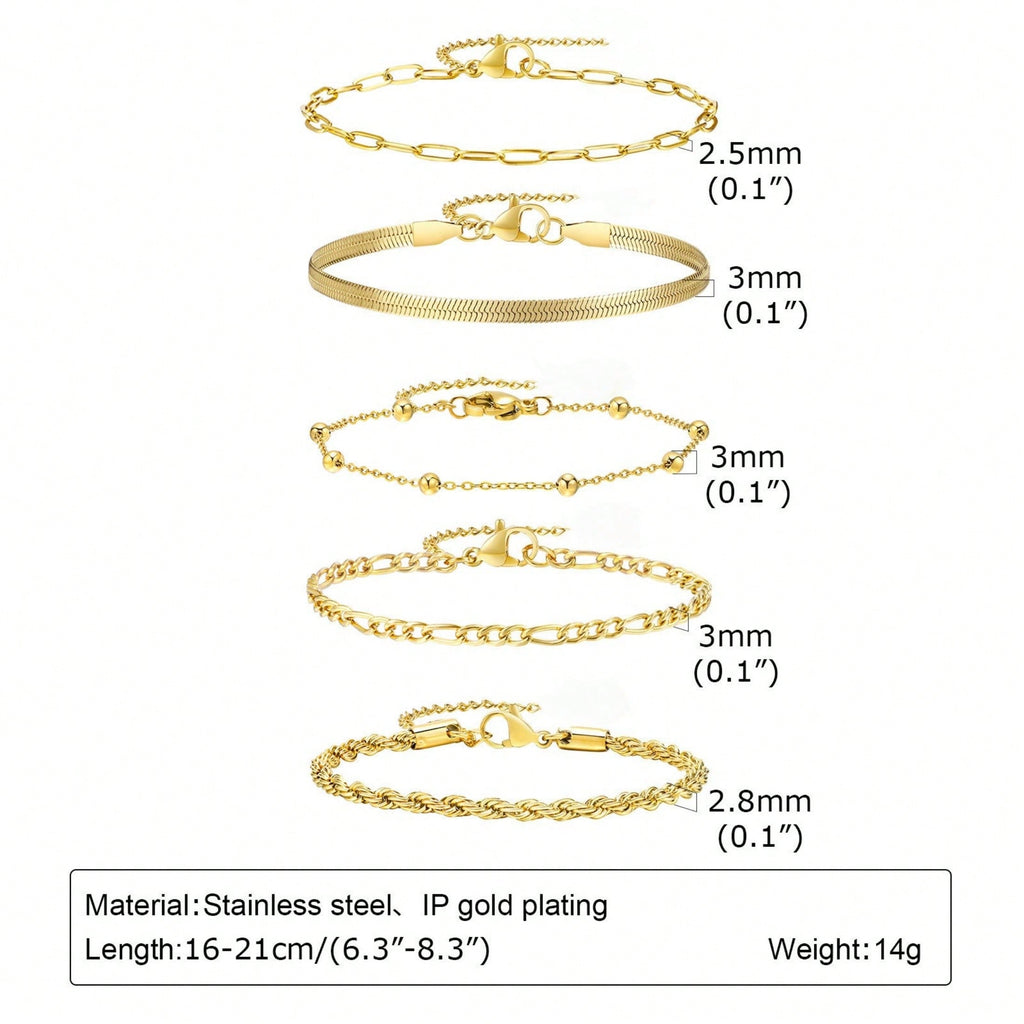 5-Piece Gold Elegant Stacked Bracelet Set, Can Also Be Worn Separately, Women Wear It For Daily Commuting/Shopping, Layered And Versatile, No Need To Choose Clothes