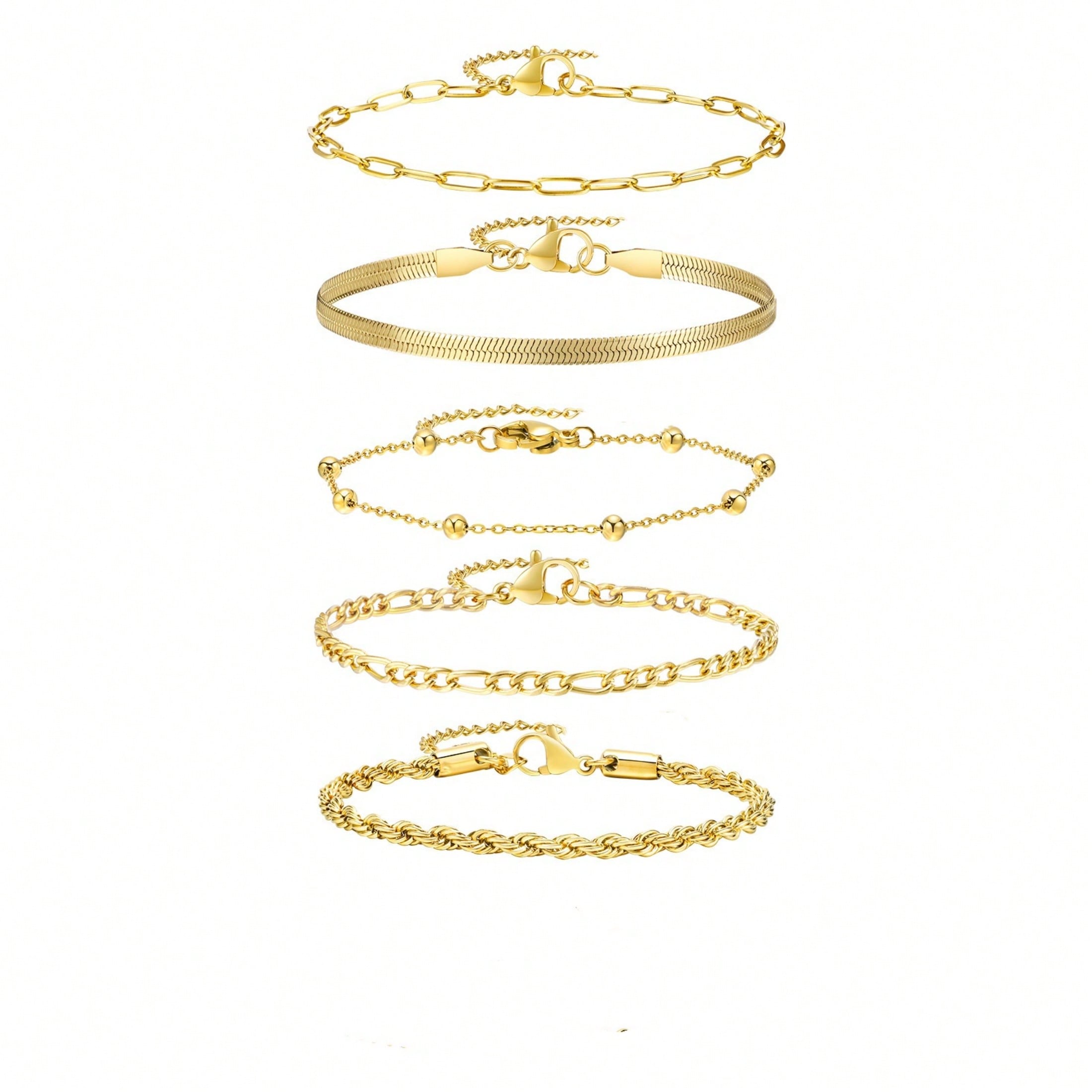 5-Piece Gold Elegant Stacked Bracelet Set, Can Also Be Worn Separately, Women Wear It For Daily Commuting/Shopping, Layered And Versatile, No Need To Choose Clothes