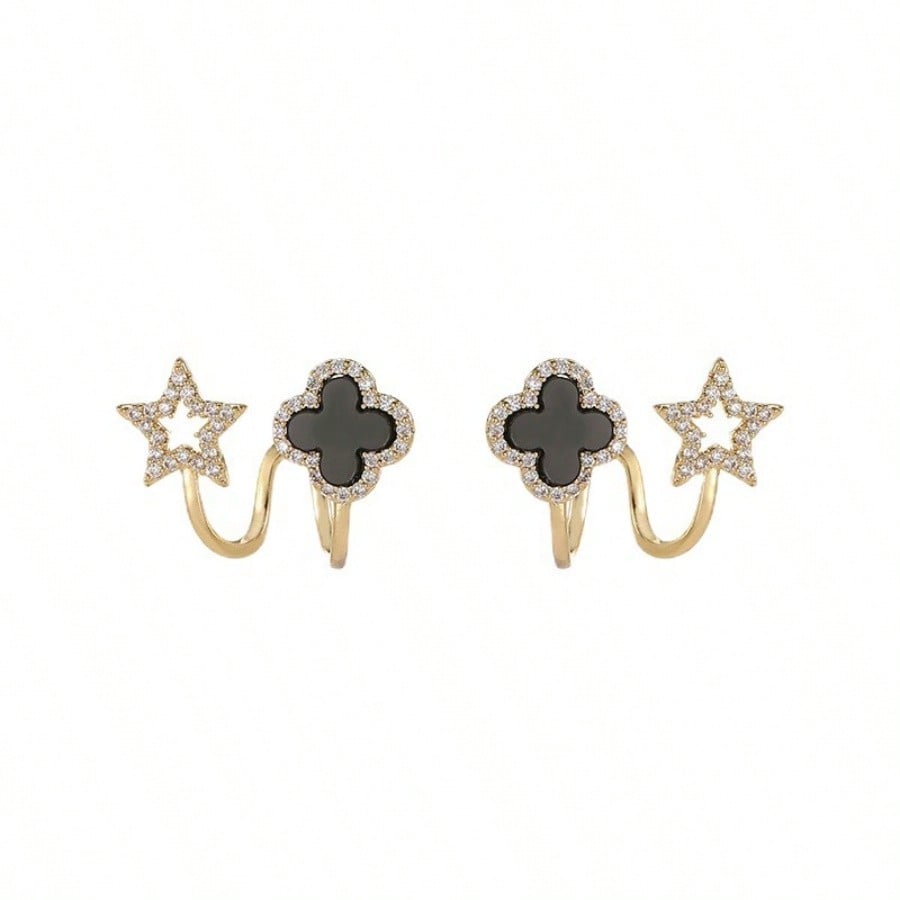1 Pair Of Simple Classic Earrings, Korean Niche Style Black Four Leaf Flower Earrings, Light Luxury And High-End Feeling, Suitable For Girls