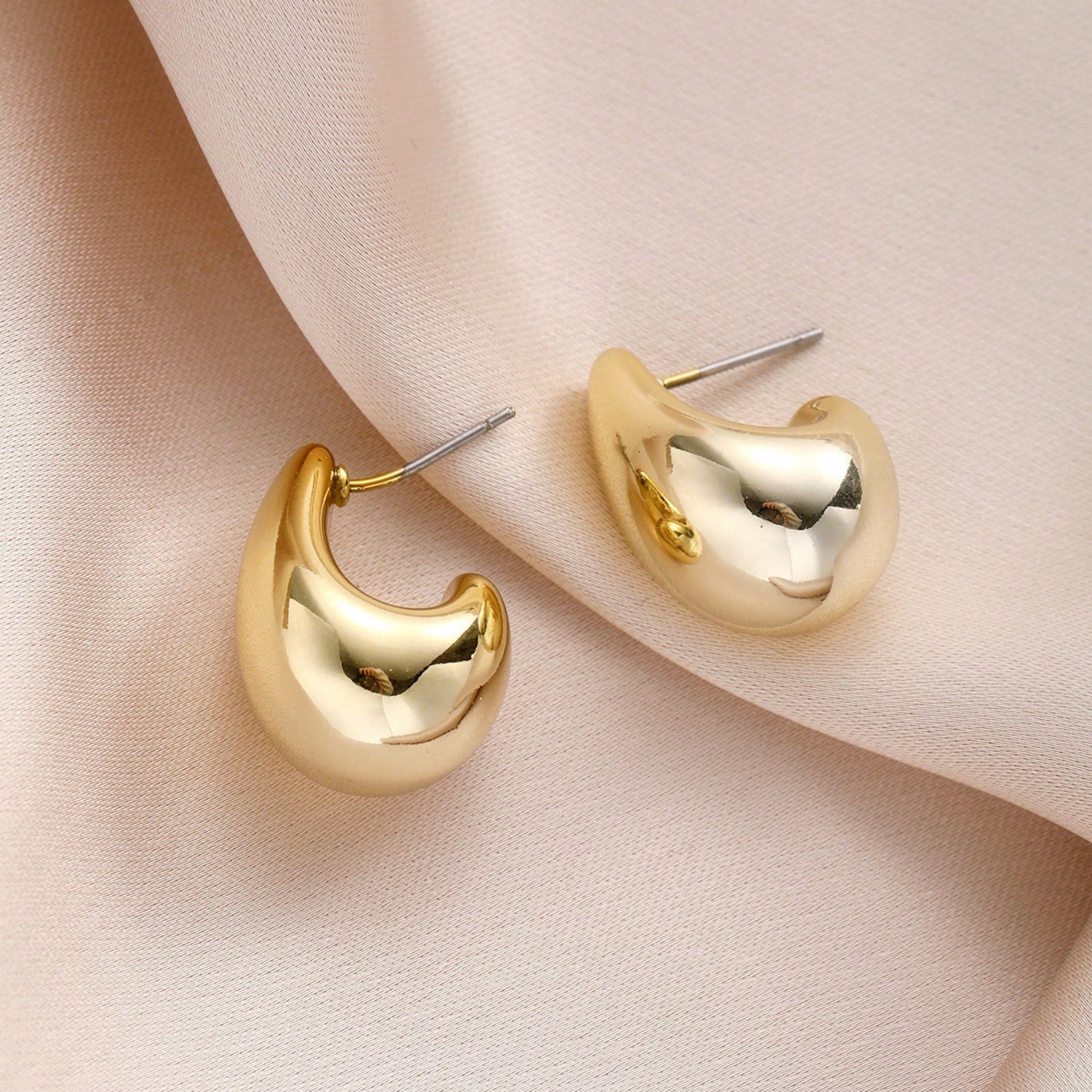1 Pair Of Women's Thick Gold Ring Earrings, Lightweight Water Droplets Create An Elegant Feeling, Low Allergy Material, Versatile For Dates, Banquets/Daily Outings, Gift For Girlfriend And Family Holiday Jewelry