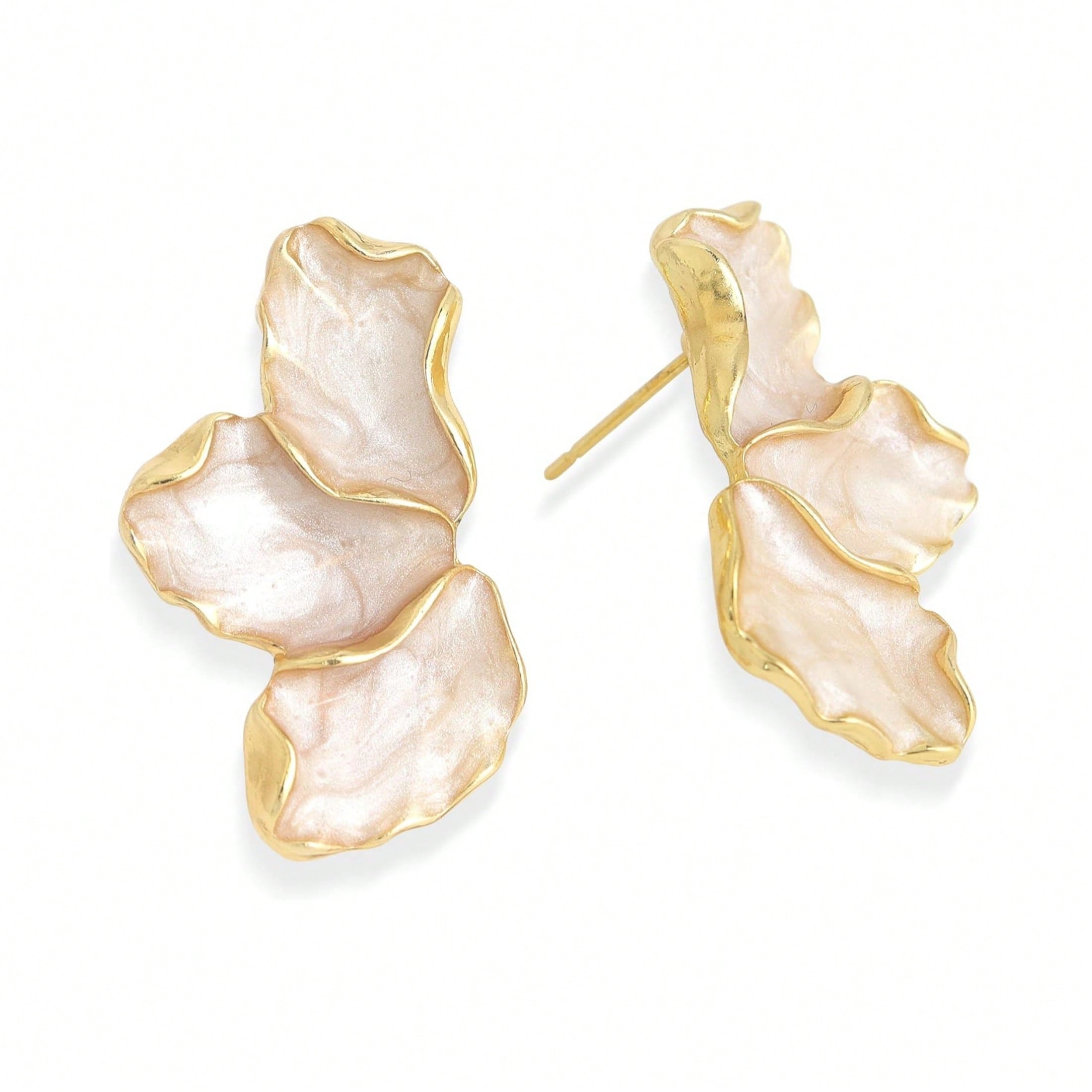 1 Pair Of Women's Golden Petal Earrings, Irregular And Unique Enamel Floral Design, Low Allergy Material For Casual/Formal Occasions, Stylish Jewelry Gift That Exudes Elegance