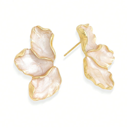 1 Pair Of Women's Golden Petal Earrings, Irregular And Unique Enamel Floral Design, Low Allergy Material For Casual/Formal Occasions, Stylish Jewelry Gift That Exudes Elegance