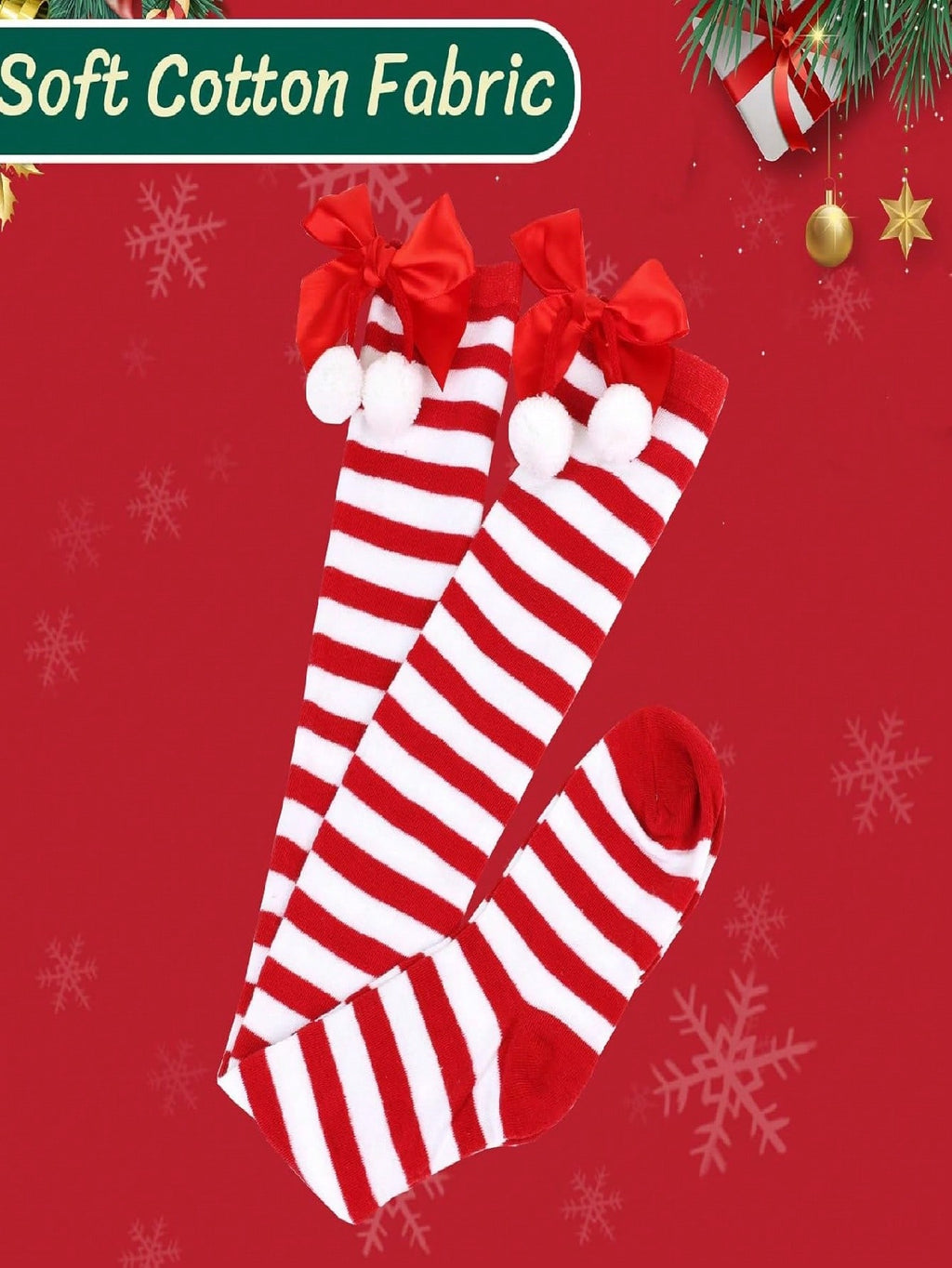 Christmas-Themed Knee-High Socks + Striped Thigh-Highs – Perfect For Women's Cosplay Parties