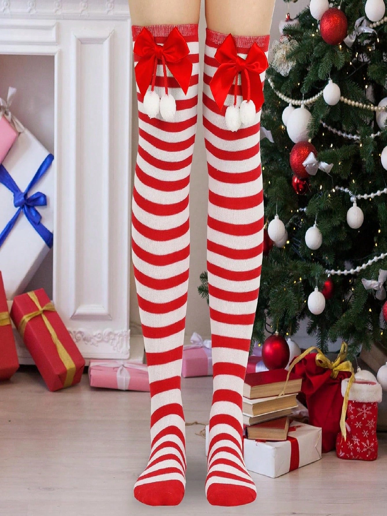 Christmas-Themed Knee-High Socks + Striped Thigh-Highs – Perfect For Women's Cosplay Parties