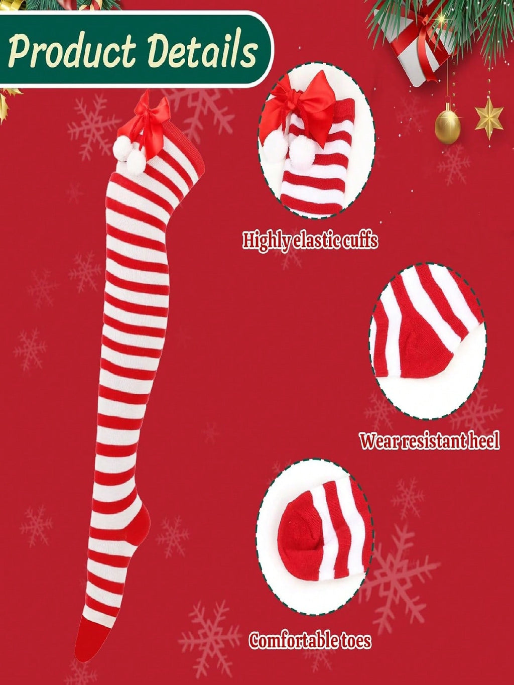 Christmas-Themed Knee-High Socks + Striped Thigh-Highs – Perfect For Women's Cosplay Parties