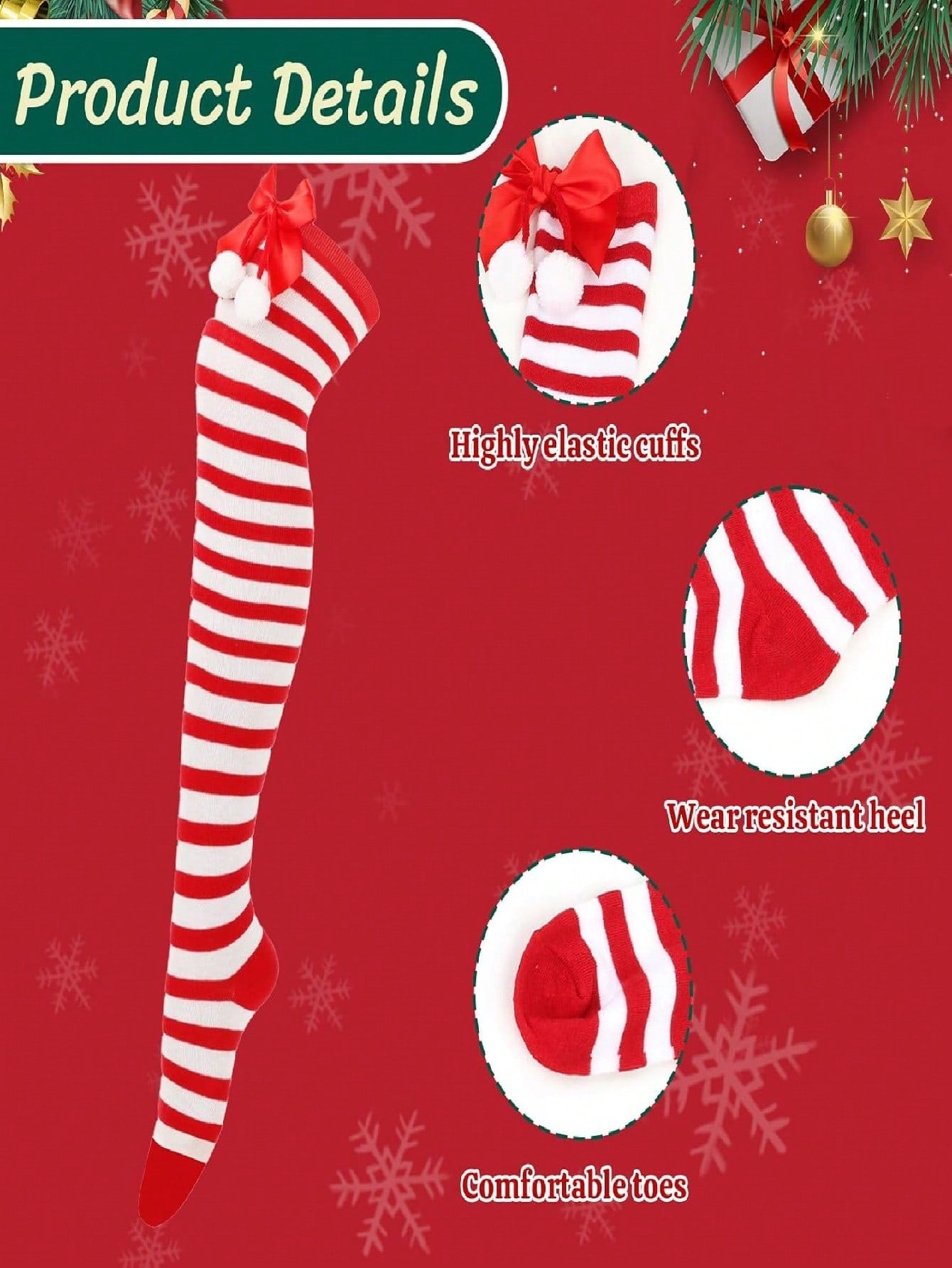 Christmas-Themed Knee-High Socks + Striped Thigh-Highs – Perfect For Women's Cosplay Parties