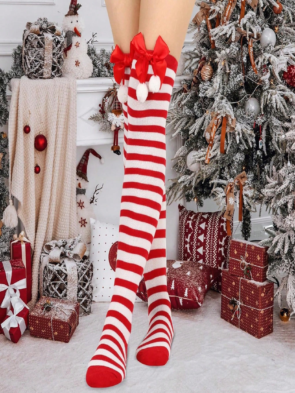 Christmas-Themed Knee-High Socks + Striped Thigh-Highs – Perfect For Women's Cosplay Parties