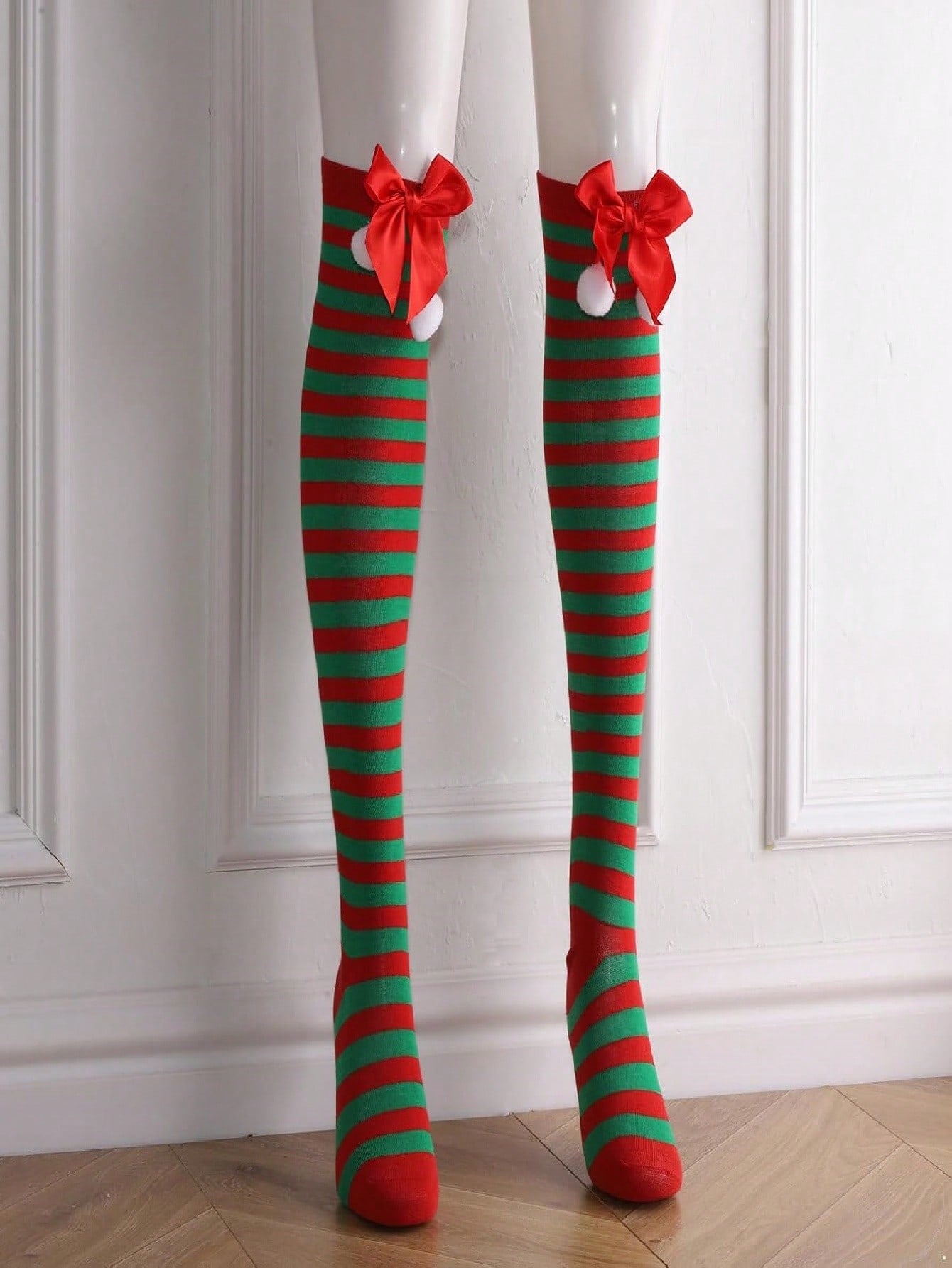 Christmas-Themed Knee-High Socks + Striped Thigh-Highs – Perfect For Women's Cosplay Parties