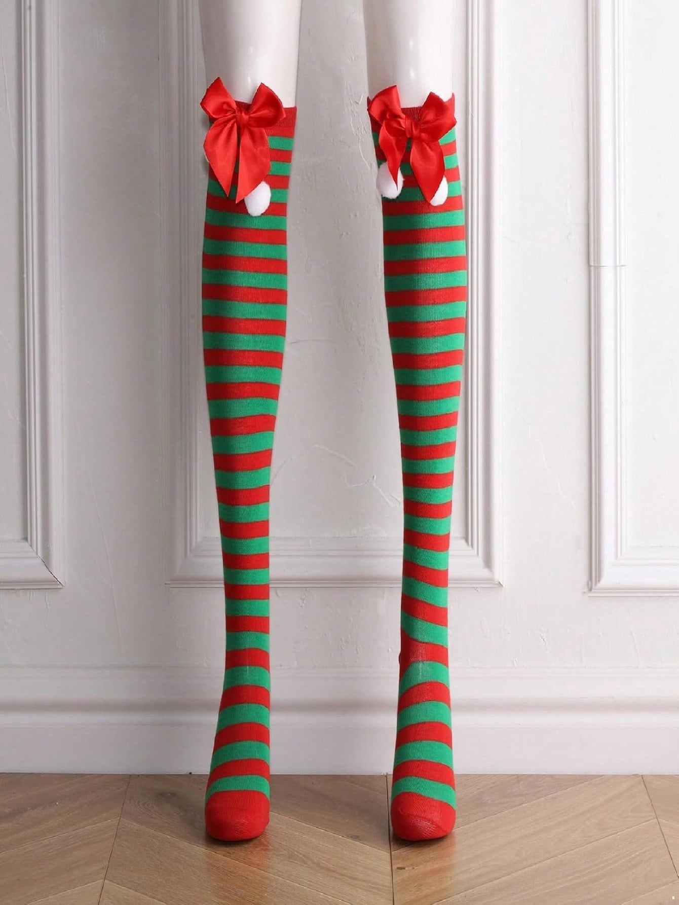 Christmas-Themed Knee-High Socks + Striped Thigh-Highs – Perfect For Women's Cosplay Parties