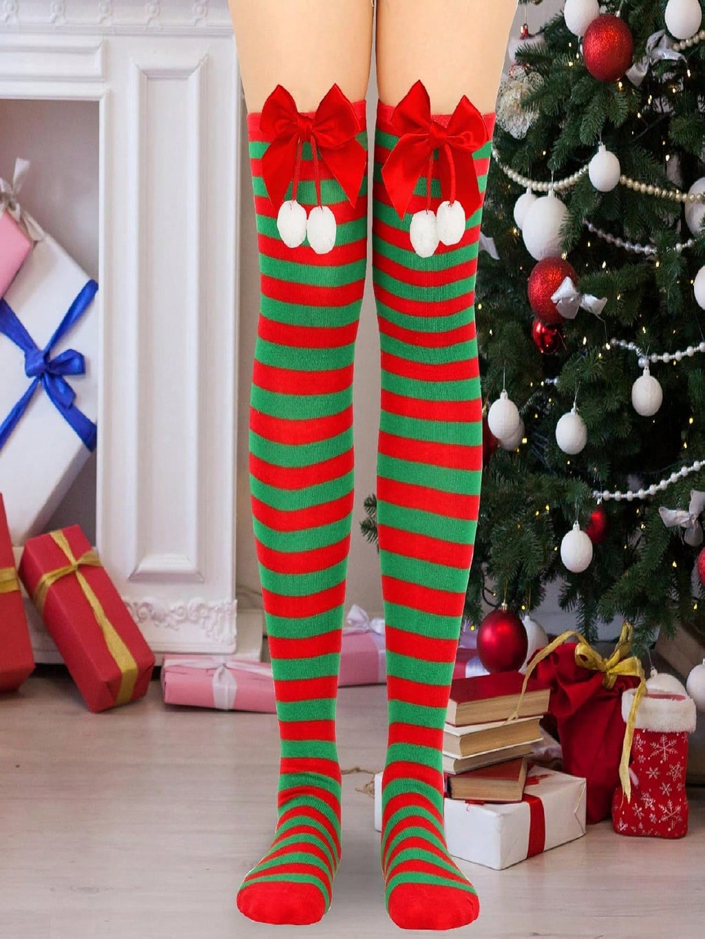 Christmas-Themed Knee-High Socks + Striped Thigh-Highs – Perfect For Women's Cosplay Parties