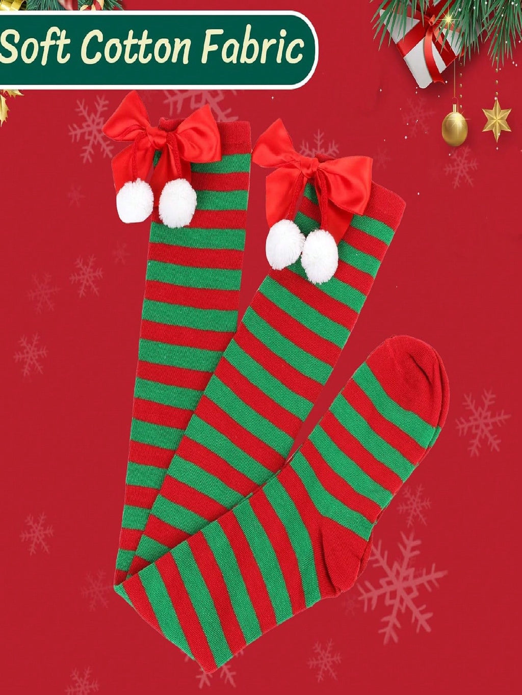 Christmas-Themed Knee-High Socks + Striped Thigh-Highs – Perfect For Women's Cosplay Parties