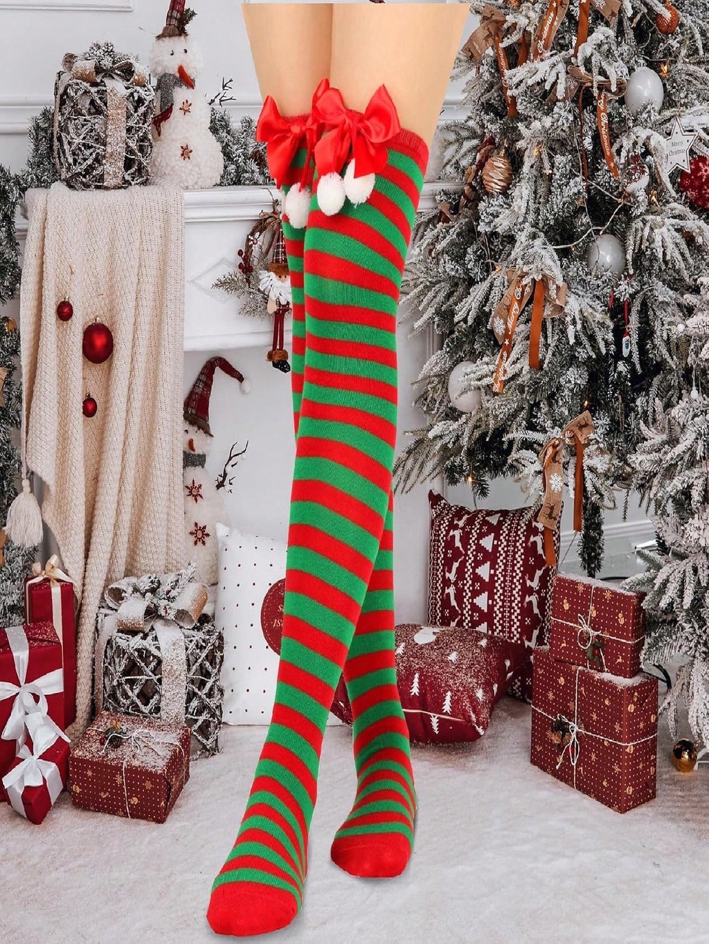Christmas-Themed Knee-High Socks + Striped Thigh-Highs – Perfect For Women's Cosplay Parties