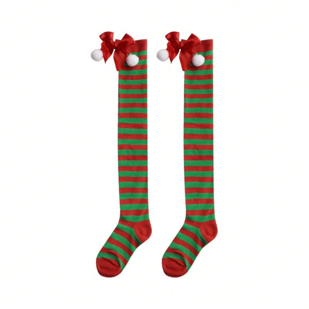 Christmas-Themed Knee-High Socks + Striped Thigh-Highs – Perfect For Women's Cosplay Parties