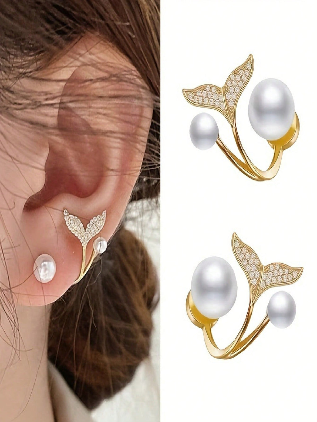 Women's Gold Alloy Mermaid Tail Studs – Crystal-Inlaid, Elegant For Daily/Formal Wear, All-Season Mermaid Gift, Minimalist, Crystal Details, Stylish Exquisite Earrings