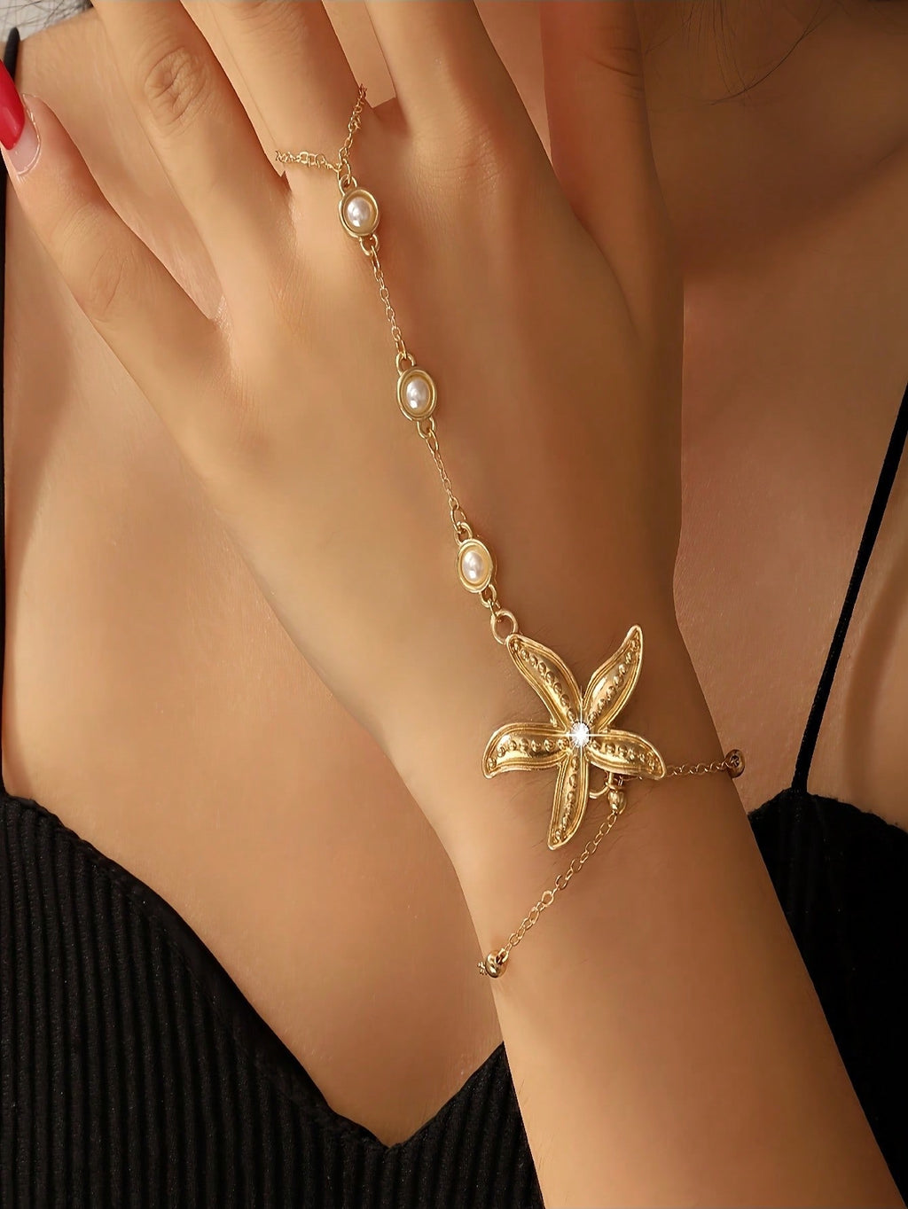 1 Piece Of Women's Elegant Starfish & Gold Marine Animal Charm Bracelet - Adjustable Linked Bead Design, Durable Ocean-Themed Jewelry, Suitable For Holidays, Beach Parties, Casual Looks, Year-Round Multipurpose Accessories