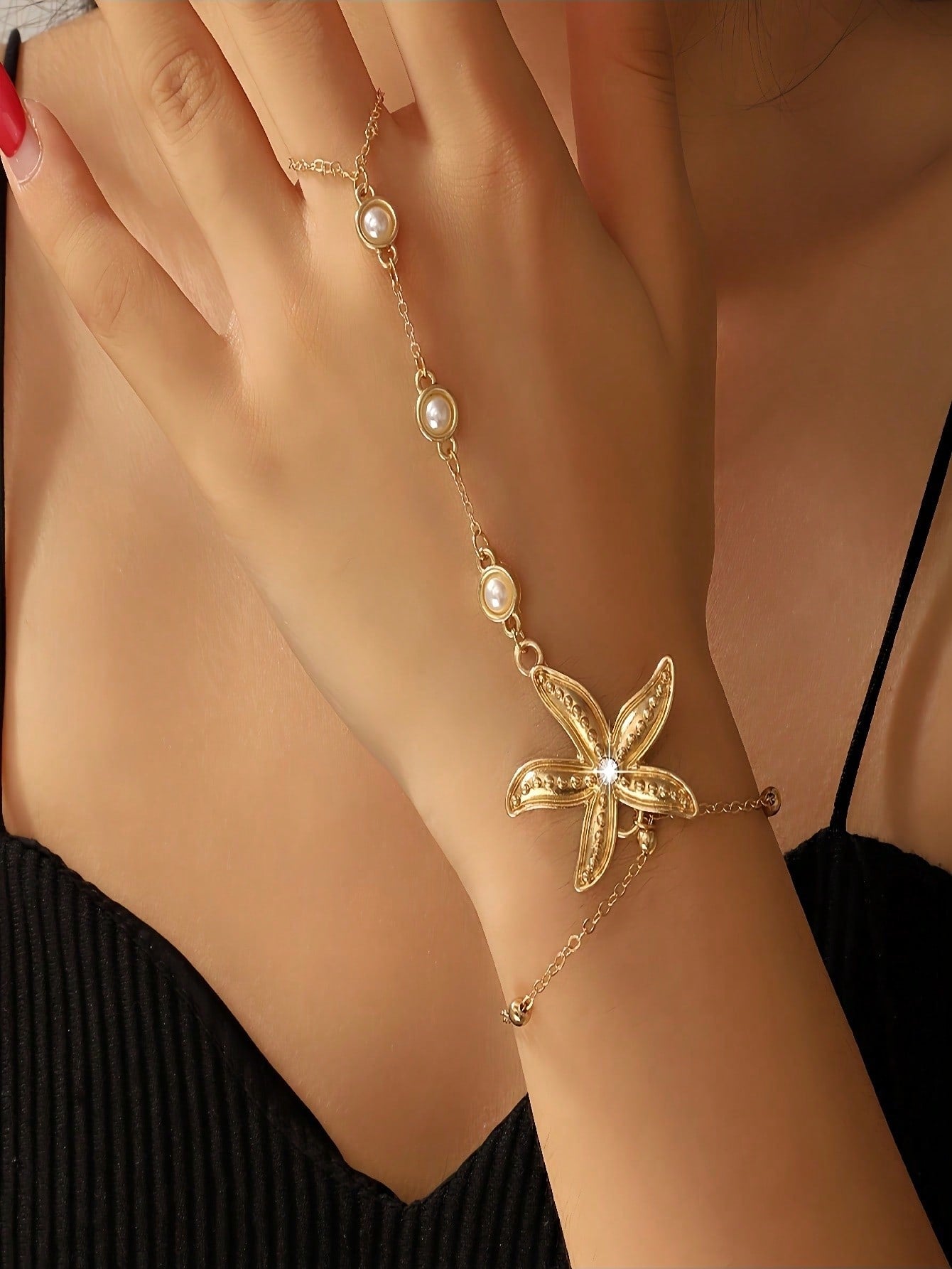 1 Piece Of Women's Elegant Starfish & Gold Marine Animal Charm Bracelet - Adjustable Linked Bead Design, Durable Ocean-Themed Jewelry, Suitable For Holidays, Beach Parties, Casual Looks, Year-Round Multipurpose Accessories