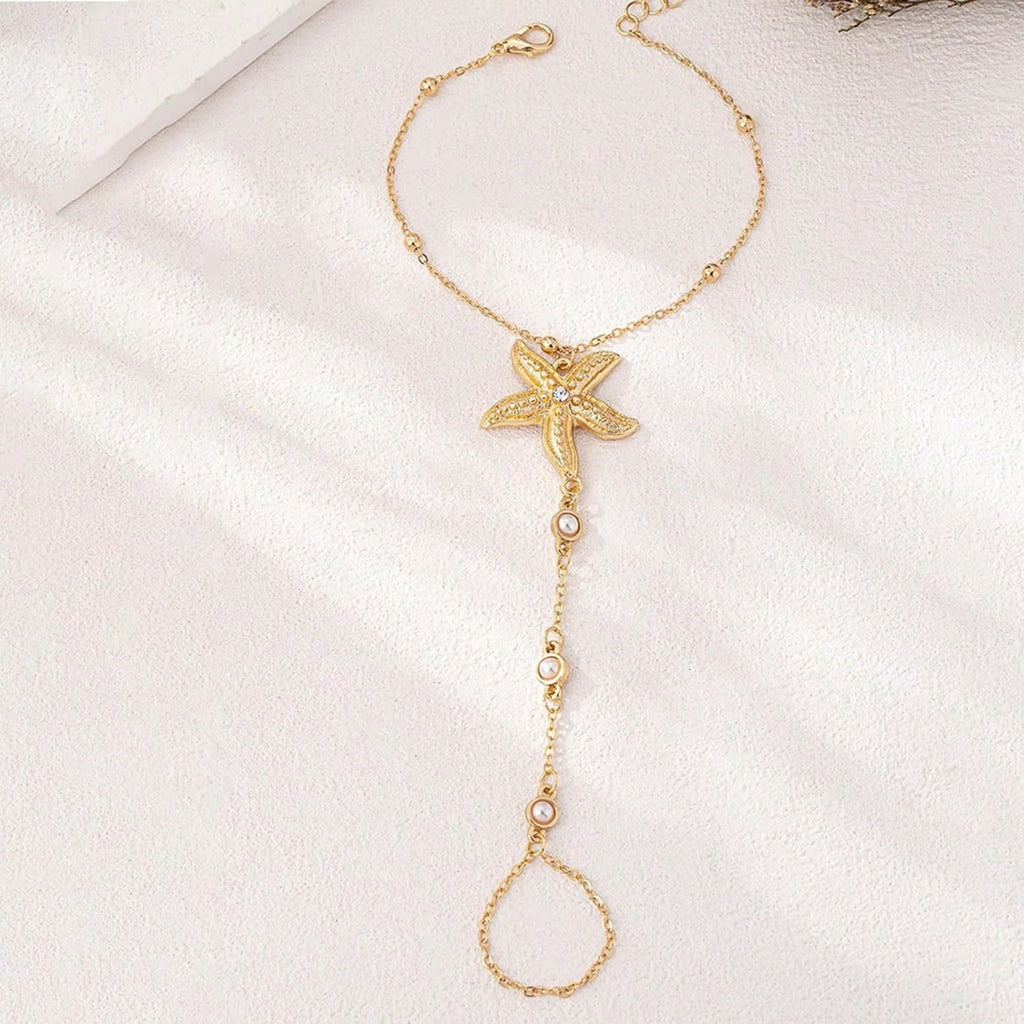 1 Piece Of Women's Elegant Starfish & Gold Marine Animal Charm Bracelet - Adjustable Linked Bead Design, Durable Ocean-Themed Jewelry, Suitable For Holidays, Beach Parties, Casual Looks, Year-Round Multipurpose Accessories