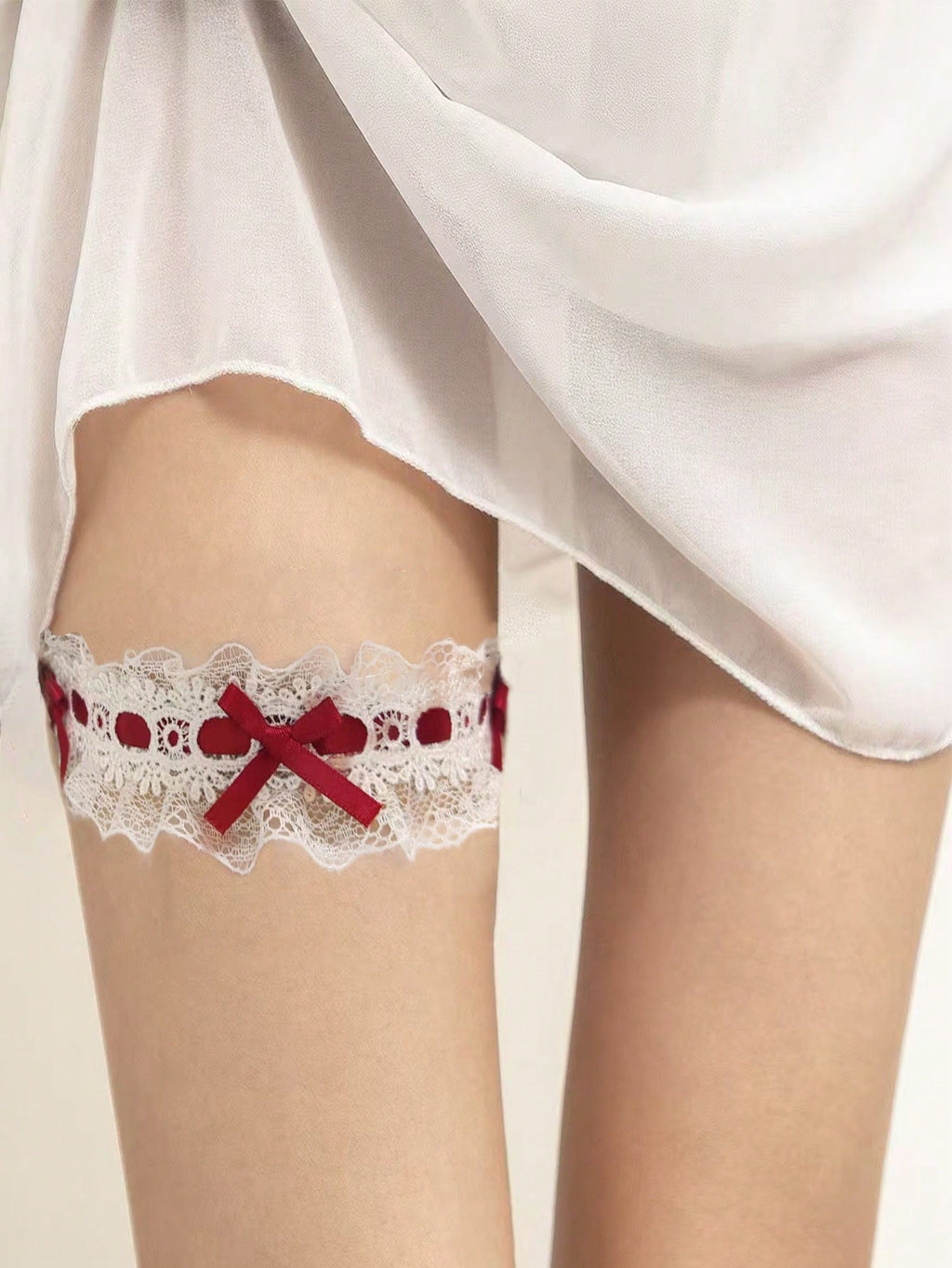 1pc Women's Elegant Lace Bowknot Chain Thigh Garter - High-Elasticity Adjustable Leg Straps, Ideal As Daily Accessory For Parties & Casual Looks