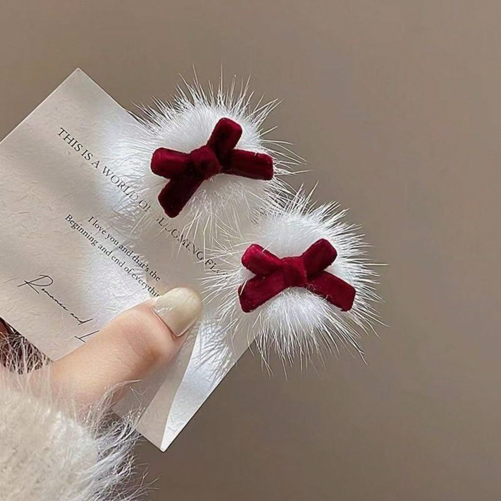 Elegant Red Bow Hair Clip - Christmas Plush Hair Decoration, Featuring Red Bow, Soft Plush Hair Clip, Ideal For Christmas, New Year, Festival Hair Accessories, Long-Lasting Hair Clip