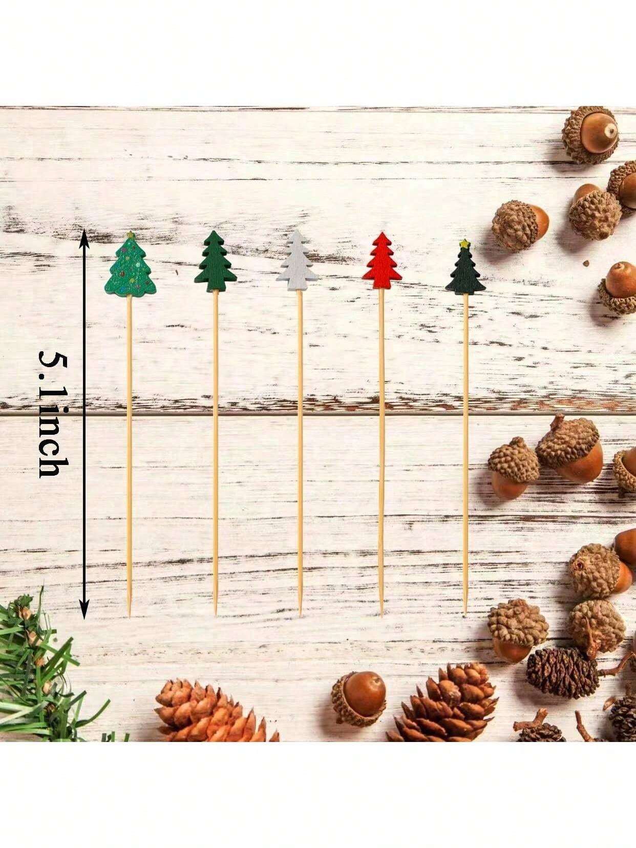 50Pcs 5in Christmas Tree Cocktail Picks 5 Kinds Bamboo Skewers For Fruit Food Appetizer Charcuterie Dessert Christmas Party