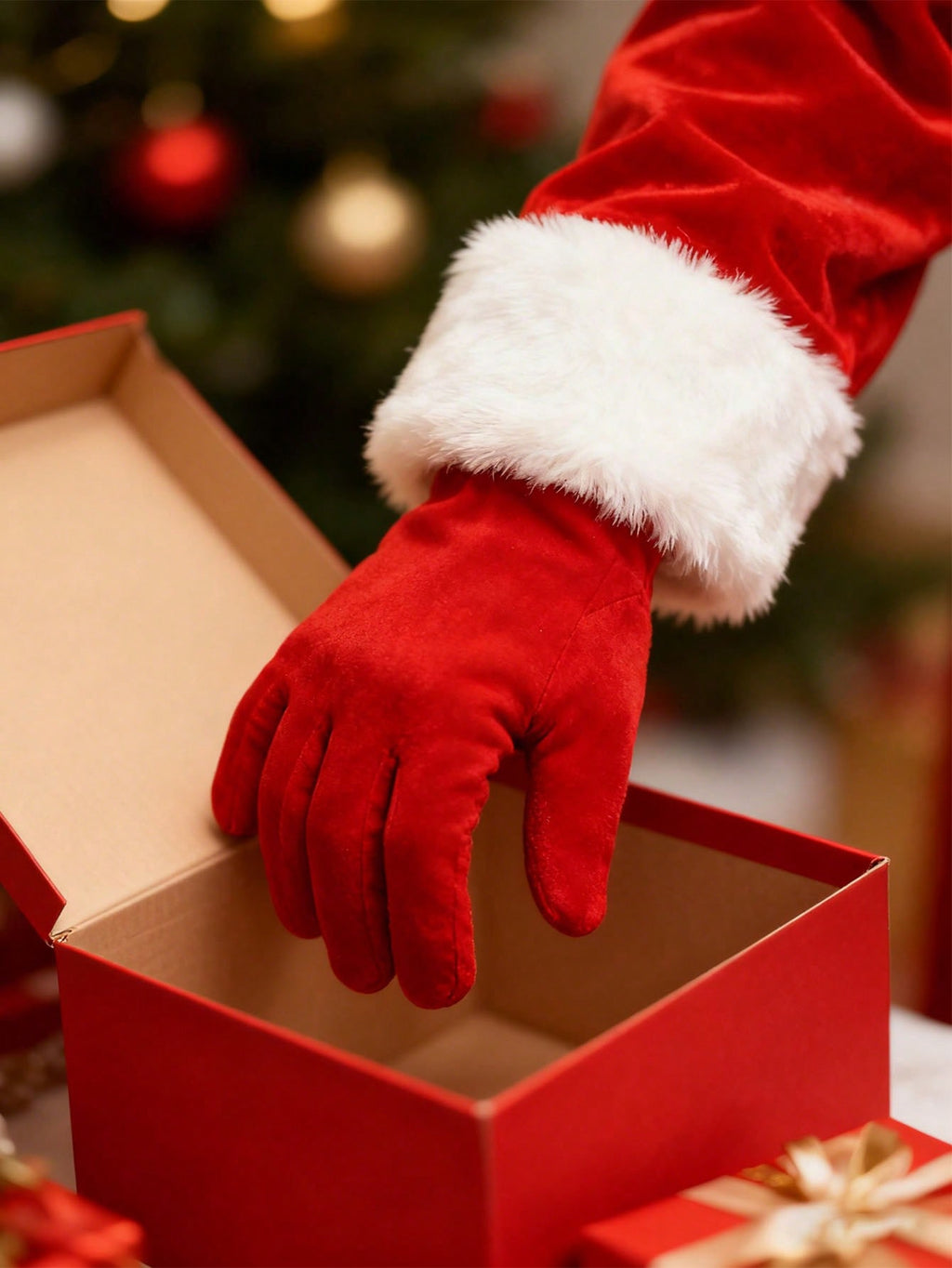 1 Pair Women's Short Velvet Christmas Gloves, White Fur Trim - Warm Holiday Party Gloves, Christmas Decorations & Home Gifts