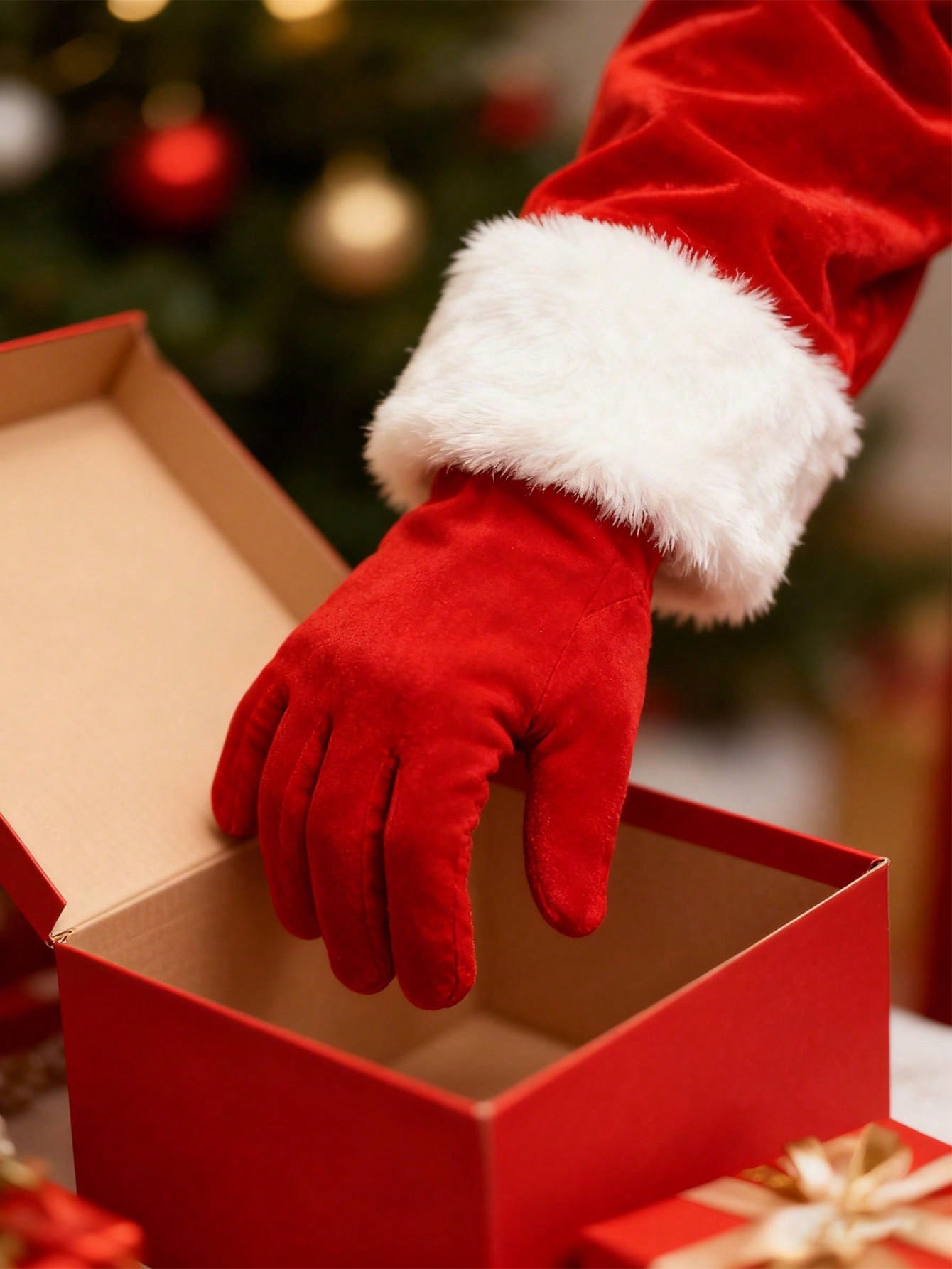 1 Pair Women's Short Velvet Christmas Gloves, White Fur Trim - Warm Holiday Party Gloves, Christmas Decorations & Home Gifts