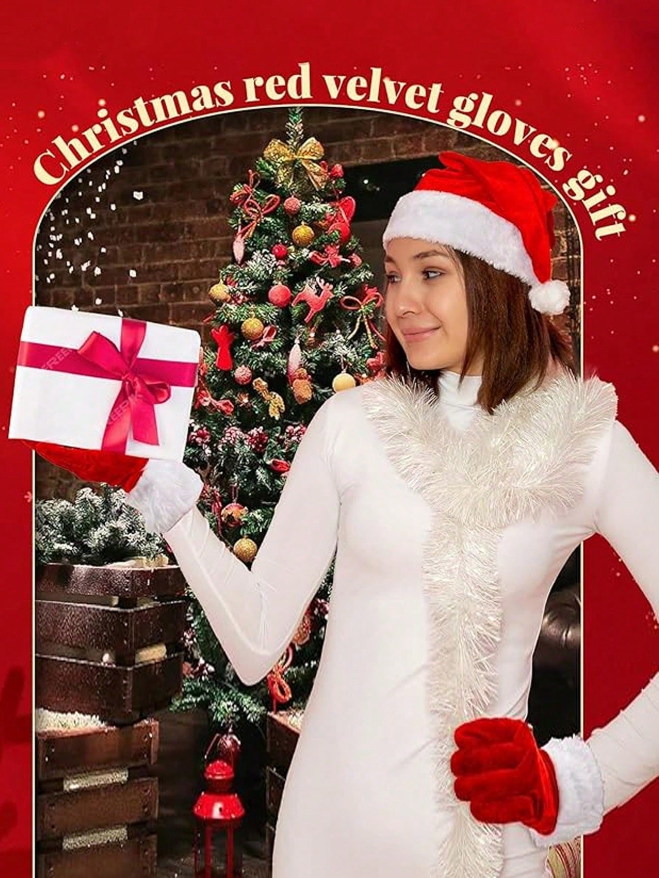 1 Pair Women's Short Velvet Christmas Gloves, White Fur Trim - Warm Holiday Party Gloves, Christmas Decorations & Home Gifts