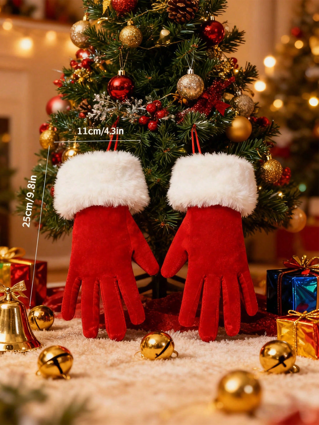 1 Pair Women's Short Velvet Christmas Gloves, White Fur Trim - Warm Holiday Party Gloves, Christmas Decorations & Home Gifts
