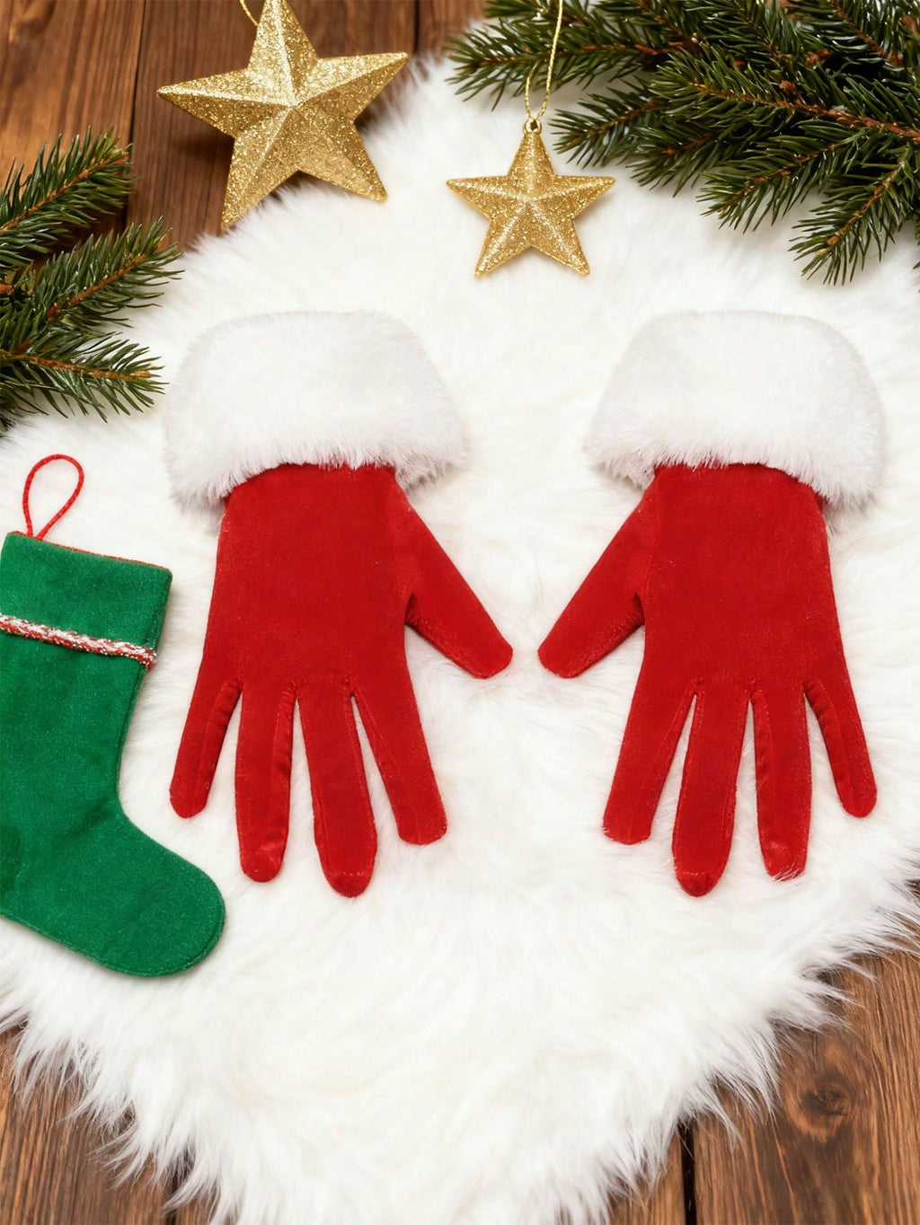 1 Pair Women's Short Velvet Christmas Gloves, White Fur Trim - Warm Holiday Party Gloves, Christmas Decorations & Home Gifts