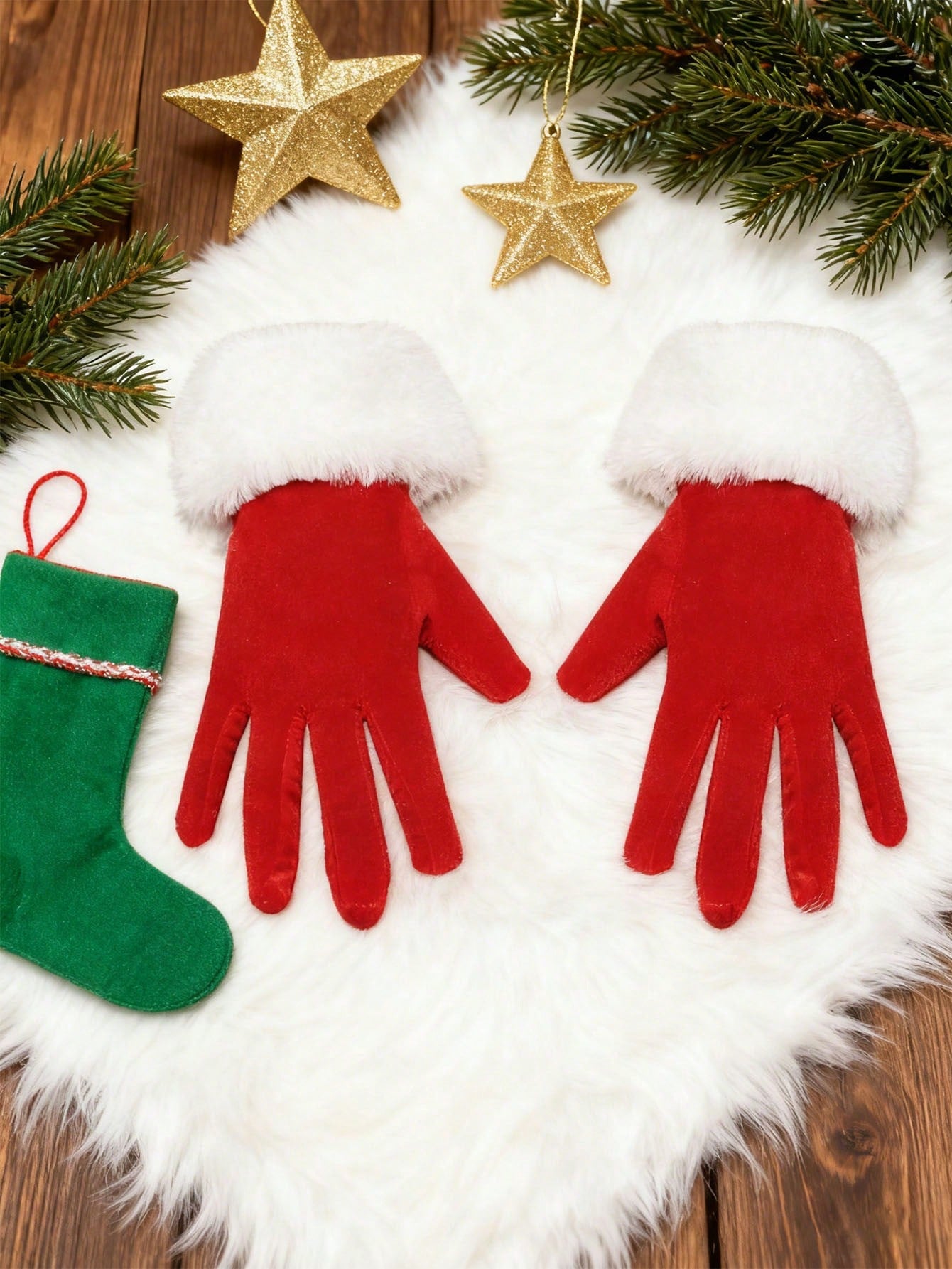 1 Pair Women's Short Velvet Christmas Gloves, White Fur Trim - Warm Holiday Party Gloves, Christmas Decorations & Home Gifts