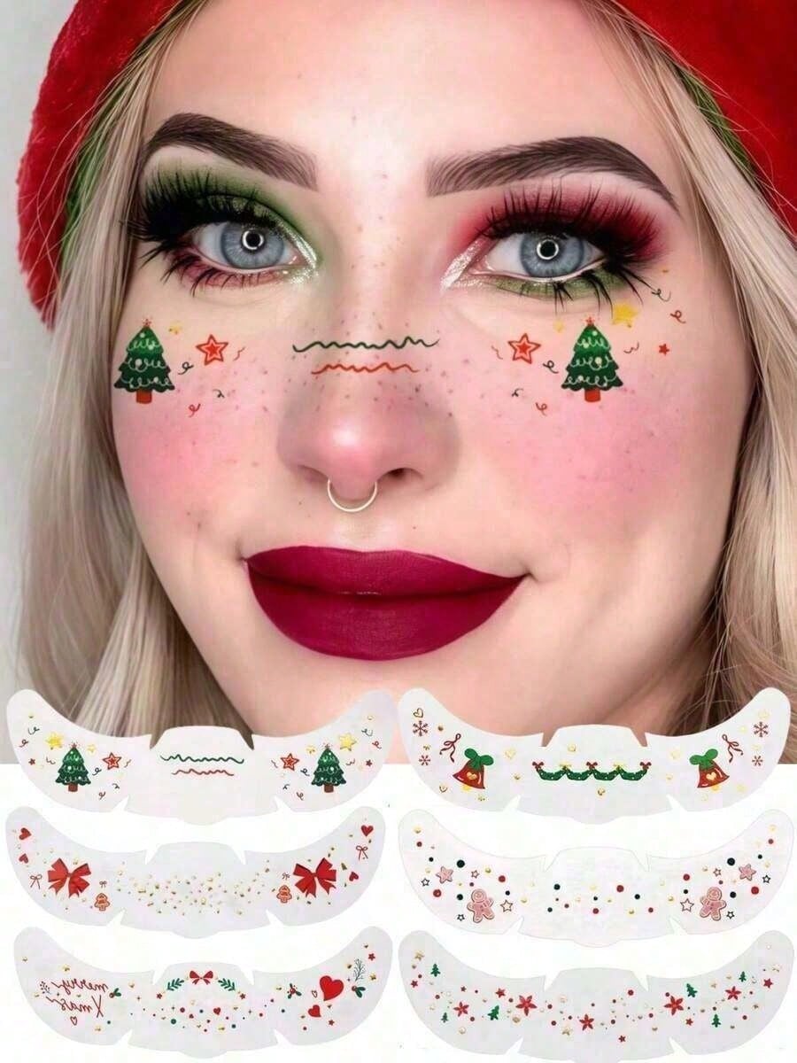 6 Sheets Christmas Freckles Face Tattoo, Trees Bow Gingerbread Man Bell - Cute Waterproof Temporary Stickers For Santa Claus Cosplay & Festivals