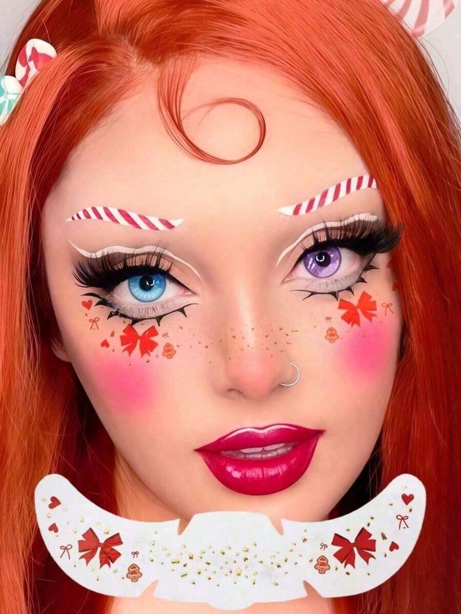 6 Sheets Christmas Freckles Face Tattoo, Trees Bow Gingerbread Man Bell - Cute Waterproof Temporary Stickers For Santa Claus Cosplay & Festivals