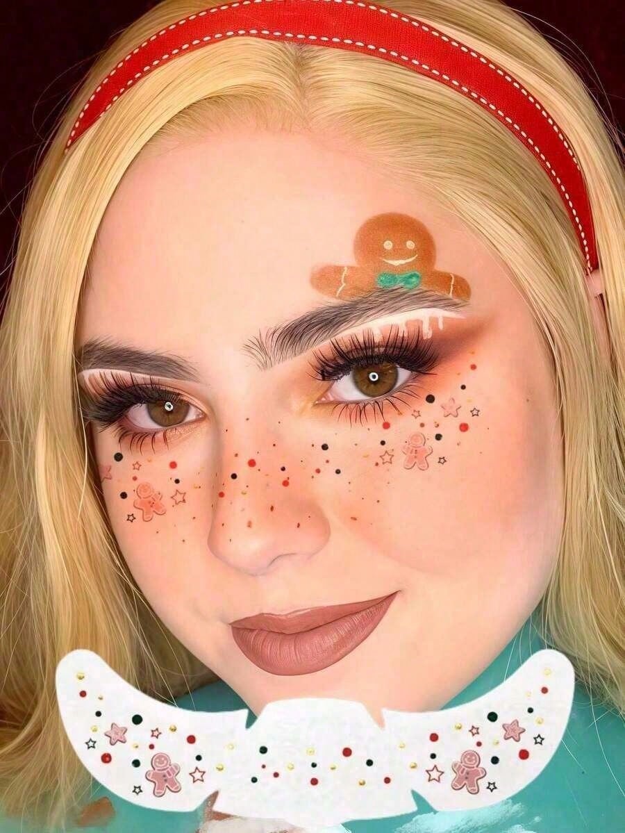 6 Sheets Christmas Freckles Face Tattoo, Trees Bow Gingerbread Man Bell - Cute Waterproof Temporary Stickers For Santa Claus Cosplay & Festivals