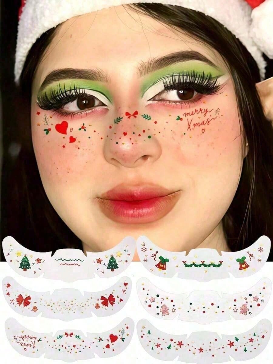 6 Sheets Christmas Freckles Face Tattoo, Trees Bow Gingerbread Man Bell - Cute Waterproof Temporary Stickers For Santa Claus Cosplay & Festivals
