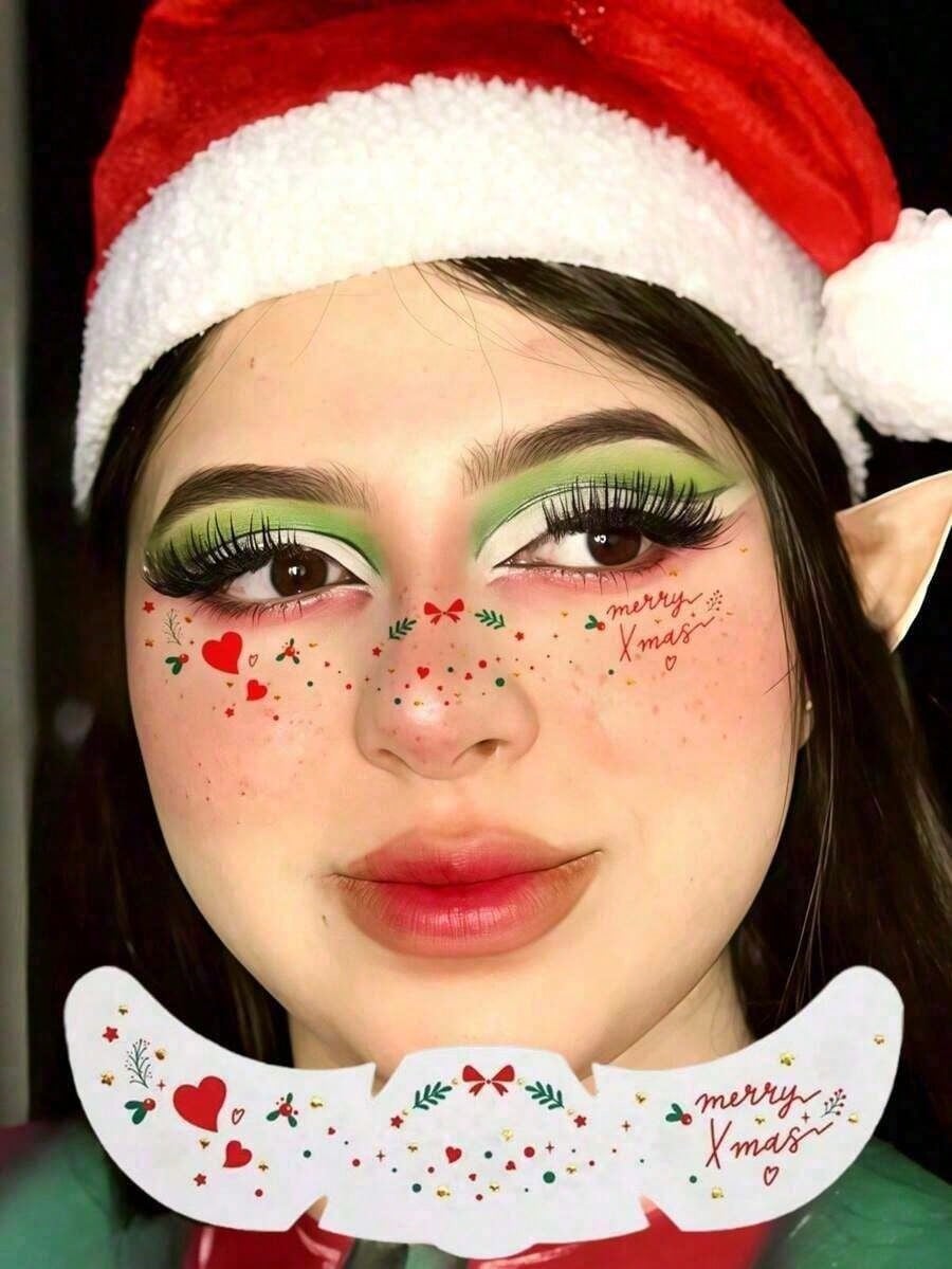 6 Sheets Christmas Freckles Face Tattoo, Trees Bow Gingerbread Man Bell - Cute Waterproof Temporary Stickers For Santa Claus Cosplay & Festivals