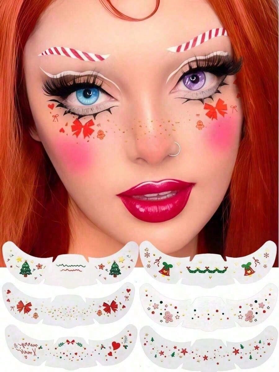 6 Sheets Christmas Freckles Face Tattoo, Trees Bow Gingerbread Man Bell - Cute Waterproof Temporary Stickers For Santa Claus Cosplay & Festivals