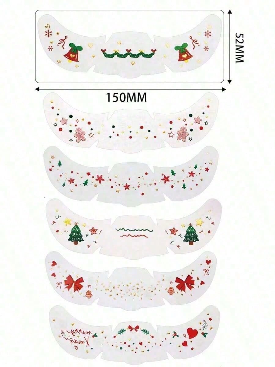 6 Sheets Christmas Freckles Face Tattoo, Trees Bow Gingerbread Man Bell - Cute Waterproof Temporary Stickers For Santa Claus Cosplay & Festivals