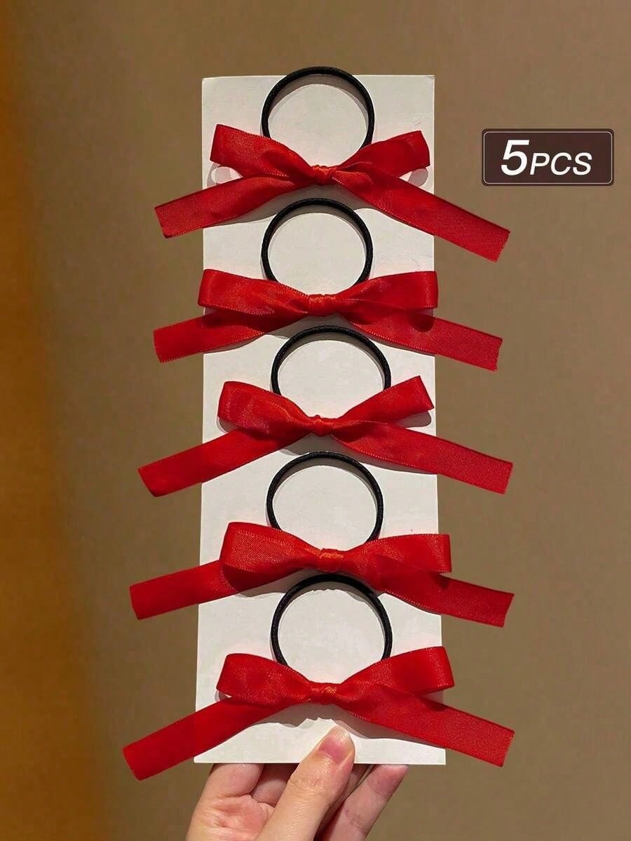 5pcs Women's Fashionable And Cute Red Bow Hair Ties, Perfect For Daily Ponytail Use, Women's Hair Accessories, Highly Recommended Gifts, Autumn Outfits, Ponytail Holders, Hair Elastics, Hair Rubber Bands, Scrunchies, Hair Rope