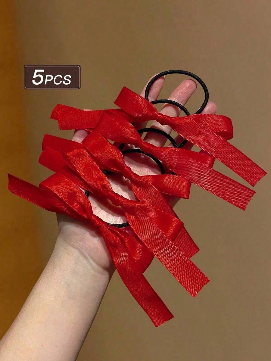 5pcs Women's Fashionable And Cute Red Bow Hair Ties, Perfect For Daily Ponytail Use, Women's Hair Accessories, Highly Recommended Gifts, Autumn Outfits, Ponytail Holders, Hair Elastics, Hair Rubber Bands, Scrunchies, Hair Rope