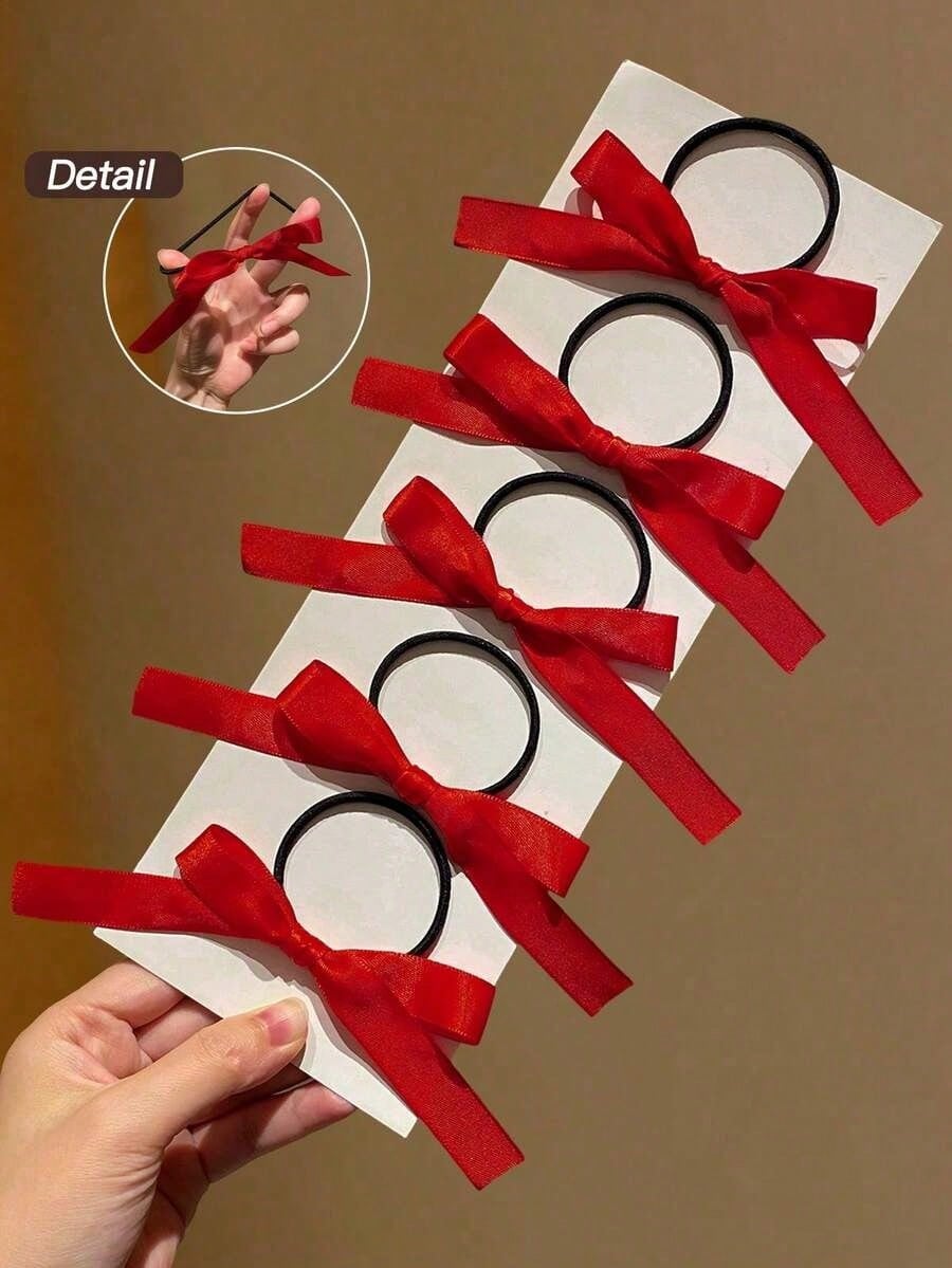 5pcs Women's Fashionable And Cute Red Bow Hair Ties, Perfect For Daily Ponytail Use, Women's Hair Accessories, Highly Recommended Gifts, Autumn Outfits, Ponytail Holders, Hair Elastics, Hair Rubber Bands, Scrunchies, Hair Rope