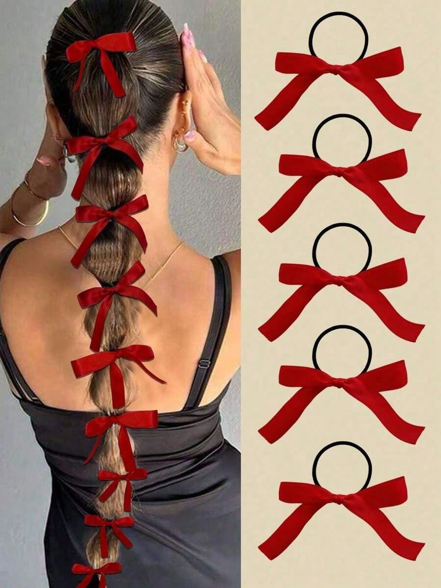 5pcs Women's Fashionable And Cute Red Bow Hair Ties, Perfect For Daily Ponytail Use, Women's Hair Accessories, Highly Recommended Gifts, Autumn Outfits, Ponytail Holders, Hair Elastics, Hair Rubber Bands, Scrunchies, Hair Rope